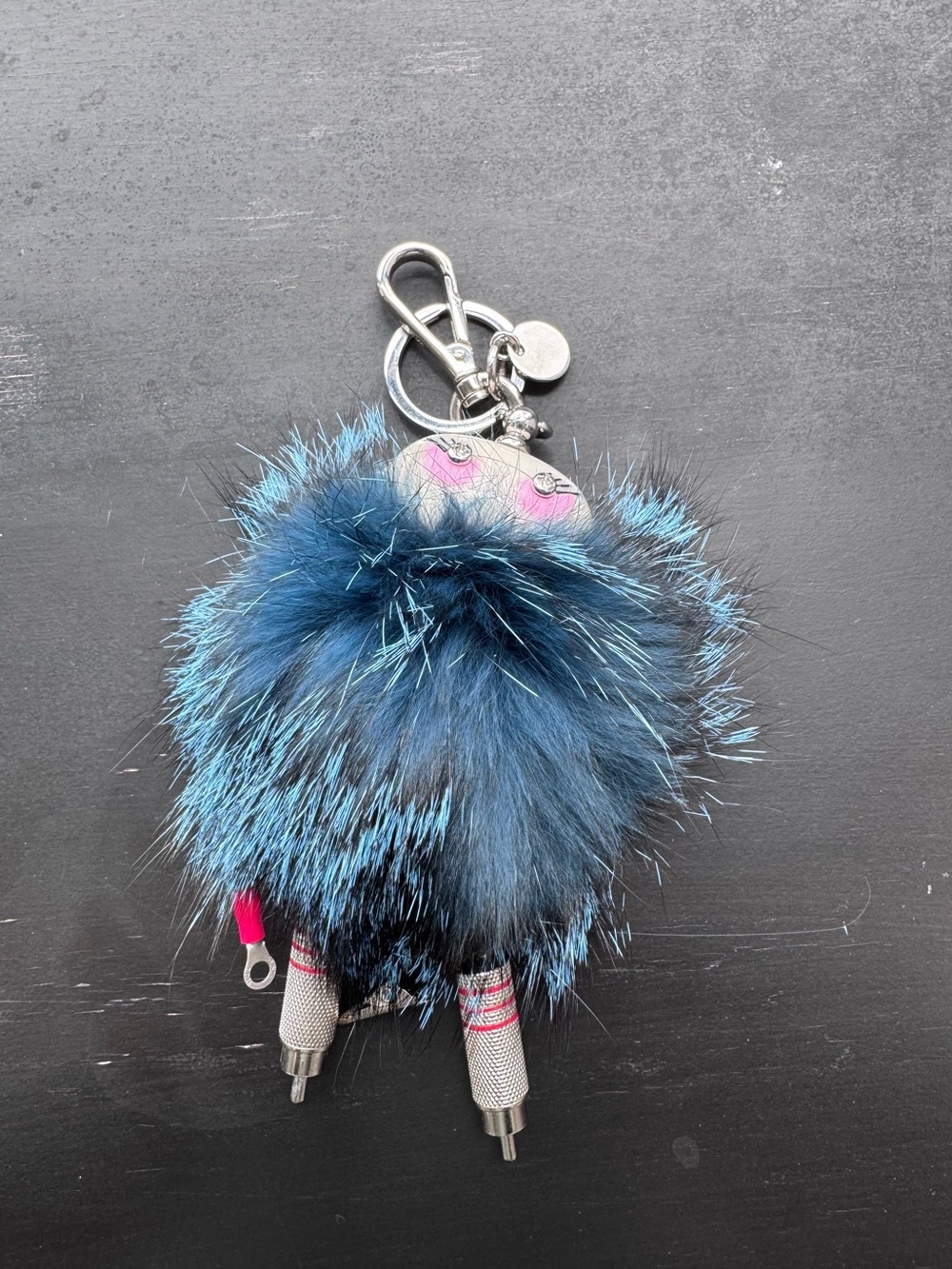 Prada Blue Fur Pom-Pom Keychain Charm,EUC